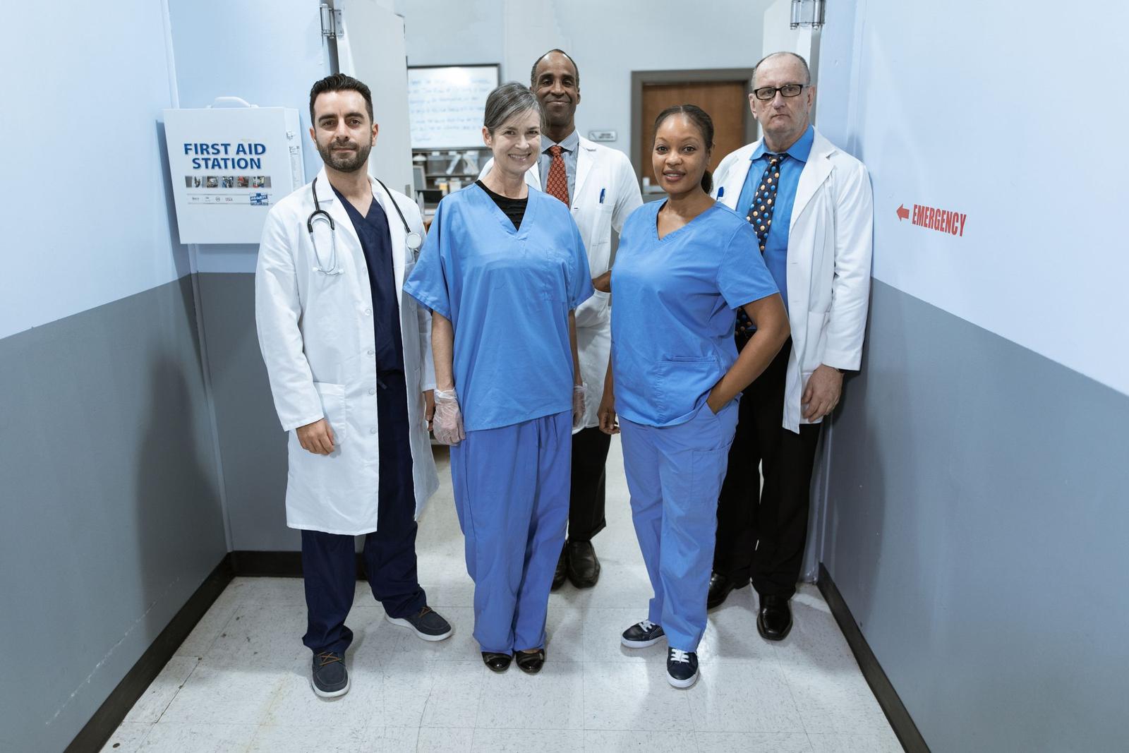 A hospital team standing together in a corridor